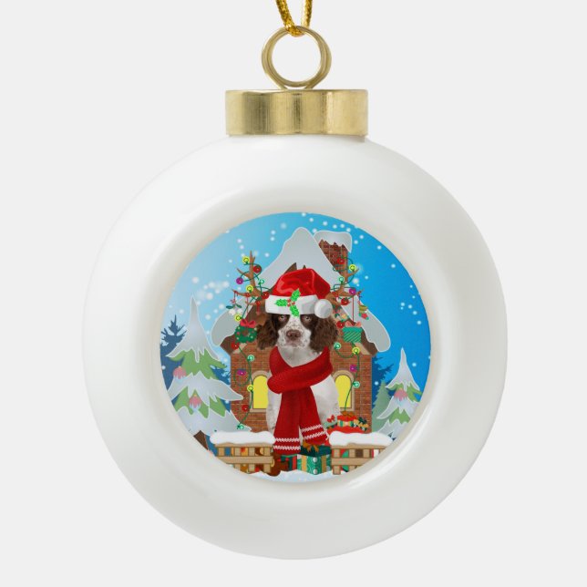 English Springer Spaniel dog with Christmas gifts Ceramic Ball Christmas Ornament (Front)