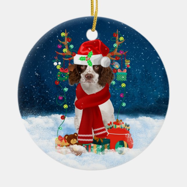 English Springer Spaniel dog with Christmas gifts  Ceramic Ornament (Front)