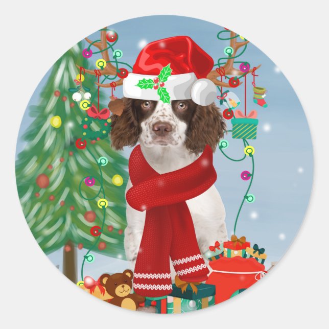English Springer Spaniel dog with Christmas gifts  Classic Round Sticker (Front)