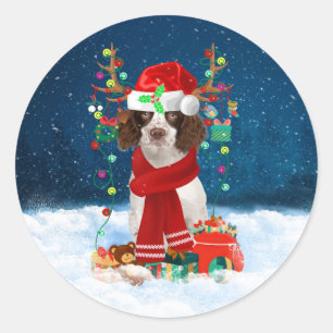 English Springer Spaniel dog with Christmas gifts  Classic Round Sticker