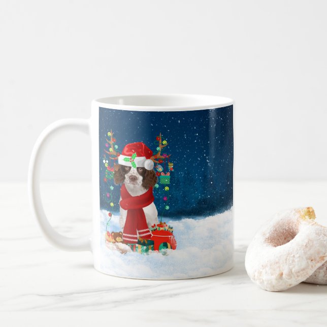 English Springer Spaniel dog with Christmas gifts  Coffee Mug (With Donut)