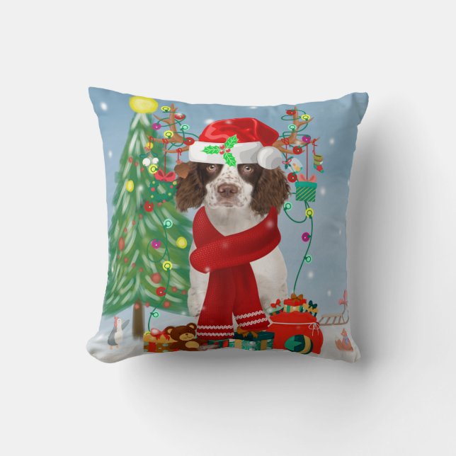 English Springer Spaniel dog with Christmas gifts  Cushion (Front)