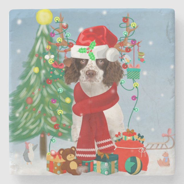 English Springer Spaniel dog with Christmas gifts  Stone Coaster (Front)