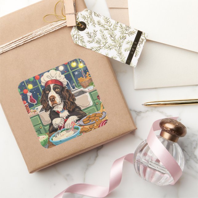 English Springer Spaniel Holiday Baking: Festive  Square Sticker (Gifting)