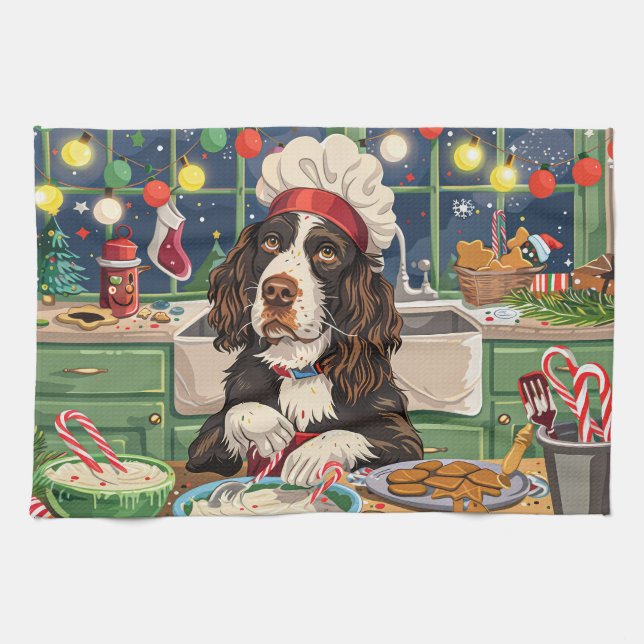 English Springer Spaniel Holiday Baking: Festive  Tea Towel (Horizontal)