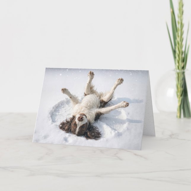 English Springer Spaniel Making a Snow Angel Holiday Card (Front)