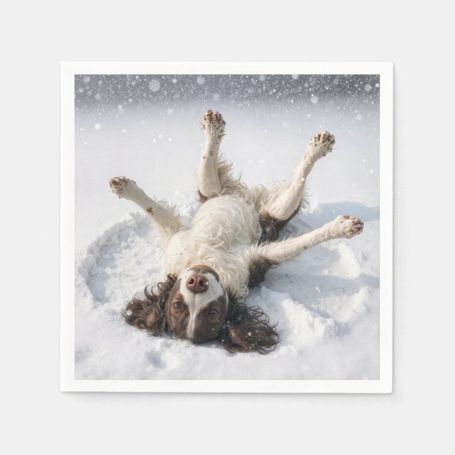 English Springer Spaniel Making a Snow Angel Napkin (Front)