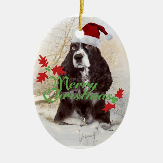 English Springer Spaniel Merry Christmas Ceramic Ornament (Front)