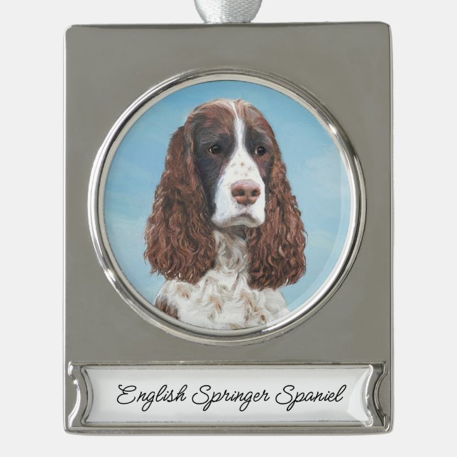 English Springer Spaniel Painting Original Dog Art Silver Plated Banner Ornament (Front)