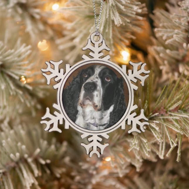 English Springer Spaniel Pet Photo Snowflake Pewter Christmas Ornament (Tree)