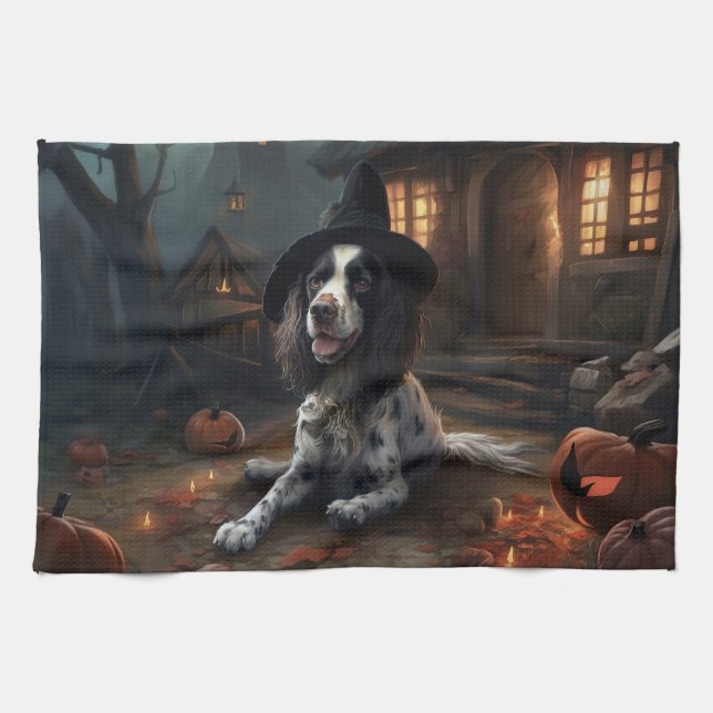 English Springer Spaniel Pumpkins Halloween Scary  Tea Towel (Horizontal)