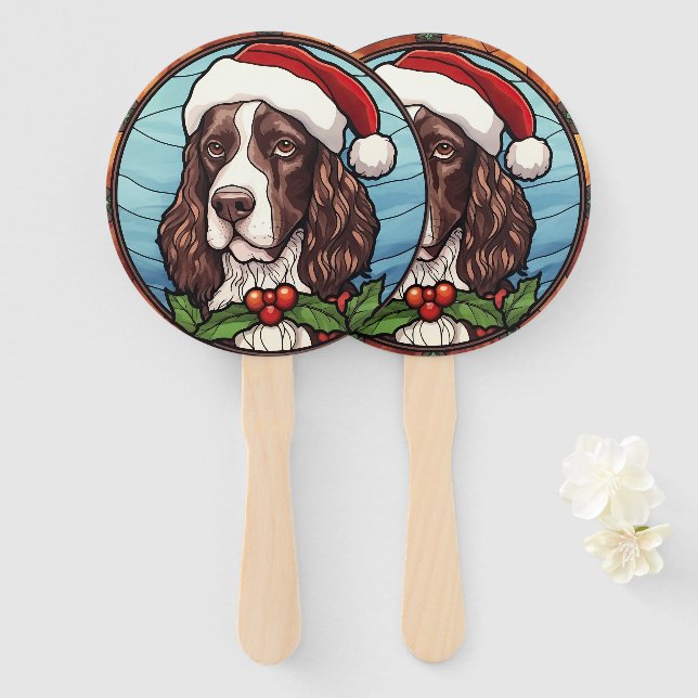 English Springer Spaniel Stained Glass Christmas Hand Fan (Front and Back)