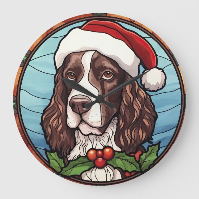 English Springer Spaniel Stained Glass Christmas Large Clock (Front)