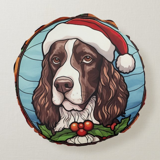English Springer Spaniel Stained Glass Christmas Round Cushion (Back)