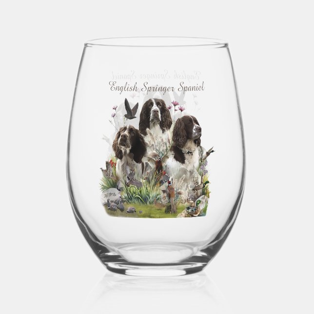 English Springer Spaniels ,Art Stemless Wine Glass (Front)