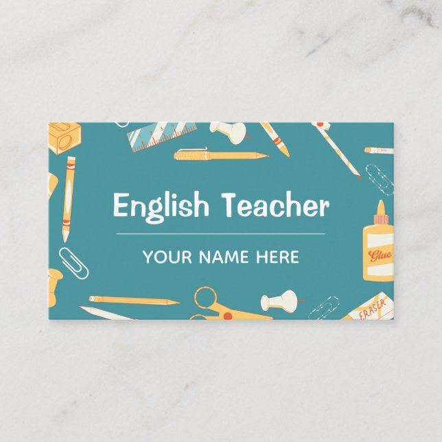English Teacher School Things Pattern Home Tutor Business Card (Front)