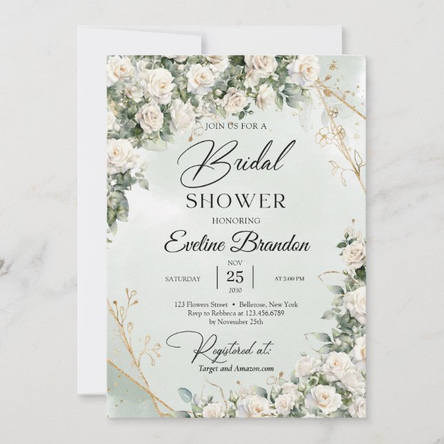 English white roses eucalyptus greenery and gold invitation (Front)