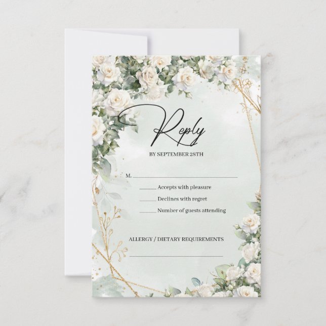English white roses eucalyptus greenery and gold RSVP card (Front)