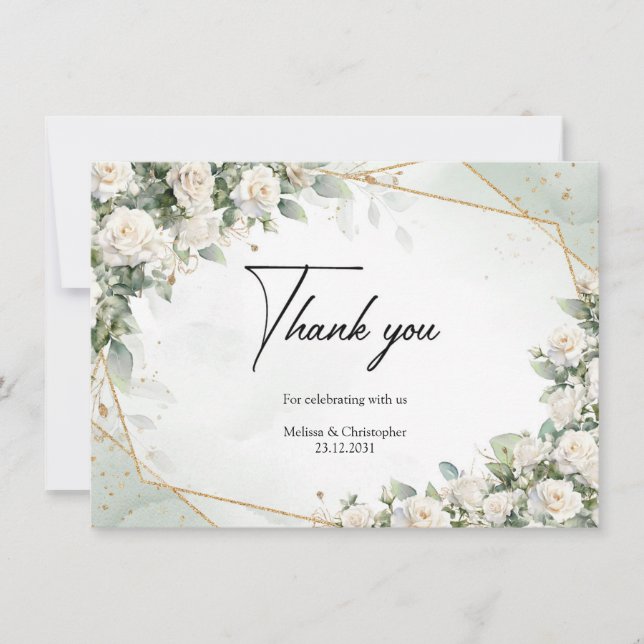 English white roses eucalyptus greenery and gold thank you card (Front)