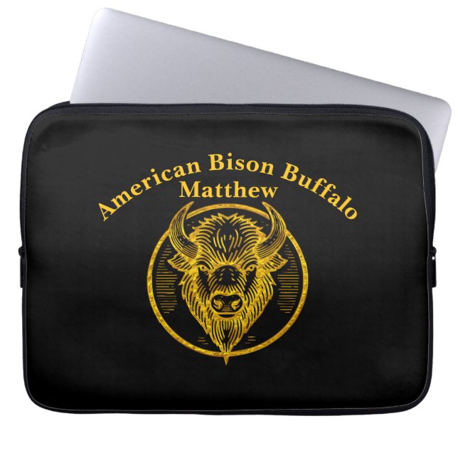 Engraved Bison Buffalo Head in Circular Design Laptop Sleeve (Front)