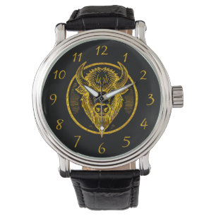 Engraved Bison Buffalo Head in Circular Design Watch