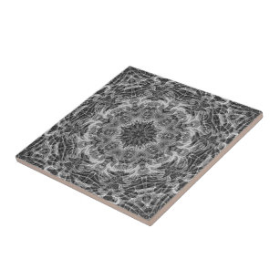 Engraved Charcoal Ghost Mandala Ceramic Tile