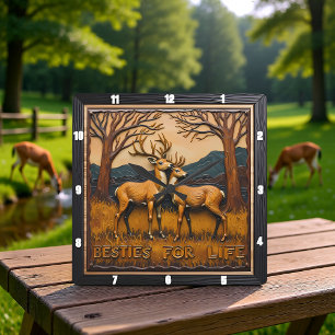 Engraved Deer Pair Sunset Forest Square Wall Clock