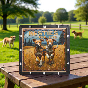 Engraved Dog Pair Blue Sky Field Square Wall Clock