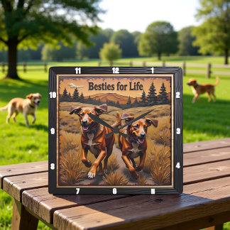 Engraved Dog Pair Mountain Pine Square Wall Clock