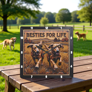 Engraved Dog Pair Running Field Square Wall Clock