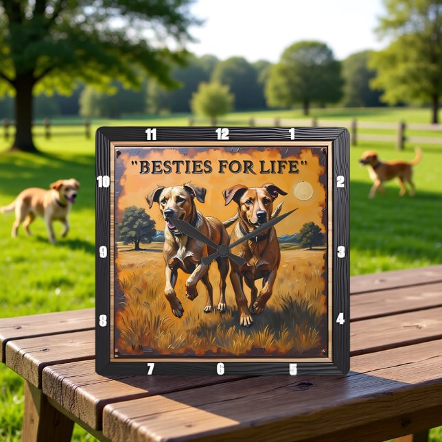 Engraved Dog Pair Sunset Field Square Wall Clock (Creator Uploaded)