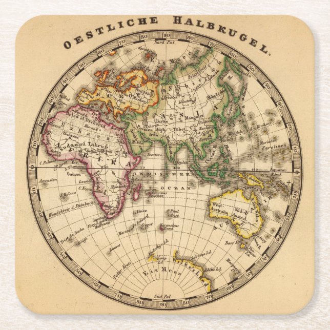 Engraved Eastern Hemisphere Map Square Paper Coaster (Front)