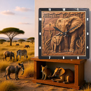 Engraved Elephant Mother Baby At Dust Square Wall Clock