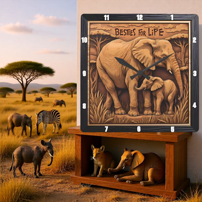 Engraved Elephant Mother Baby Square Wall Clock (Creator Uploaded)