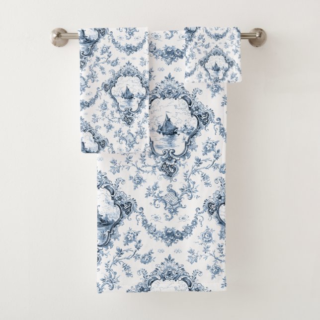 Engraved Floral Toile w/Windmill & Boats-Blue Bath Towel Set (Insitu)