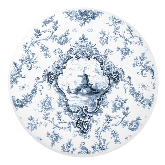 Engraved Floral Toile w/Windmill & Boats-Blue Ceramic Knob (Front)