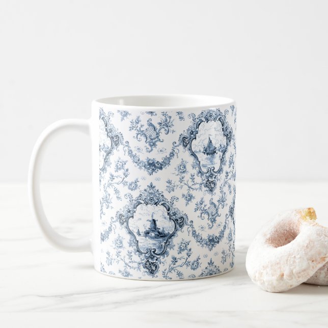 Engraved Floral Toile w/Windmill & Boats-Blue Coffee Mug (With Donut)