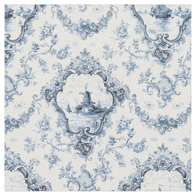 Engraved Floral Toile w/Windmill & Boats-Blue Fabric (Close Up)