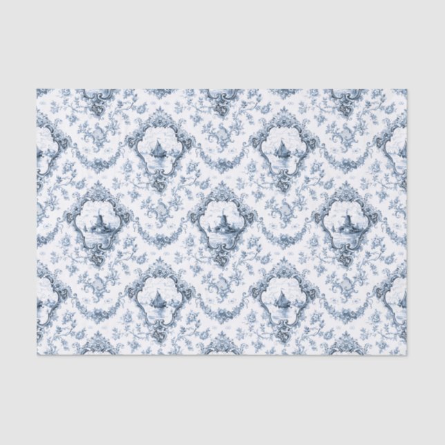 Engraved Floral Toile w/Windmill & Boats-Blue Tissue Paper (Front)