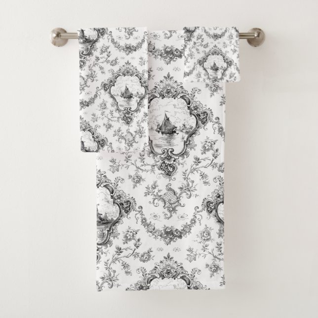 Engraved Floral Toile w/Windmill & Boats-Grey Bath Towel Set (Insitu)