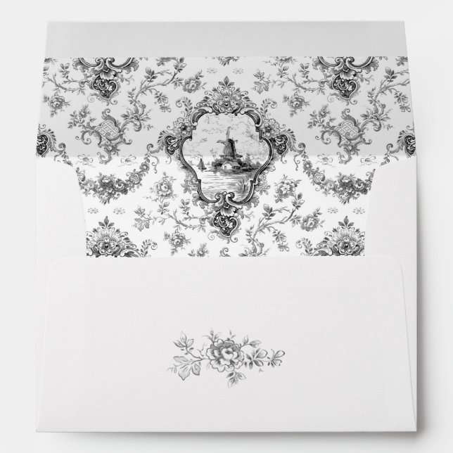 Engraved Floral Toile w/Windmill & Boats-Grey Envelope (Back (Bottom))