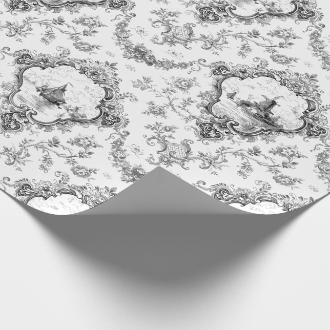 Engraved Floral Toile w/Windmill & Boats-Grey Wrapping Paper (Corner)