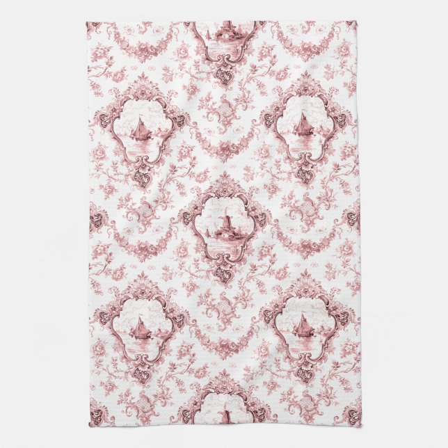 Engraved Floral Toile w/Windmill & Boats-Pink Tea Towel (Vertical)
