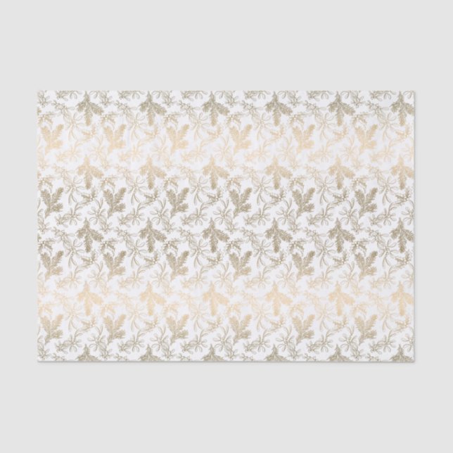 Engraved Gold Holly, Mistletoe and Pine Branches Tissue Paper (Front)