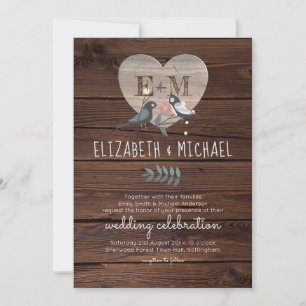 Engraved Heart Love Birds Rustic Wood Wedding Invitation
