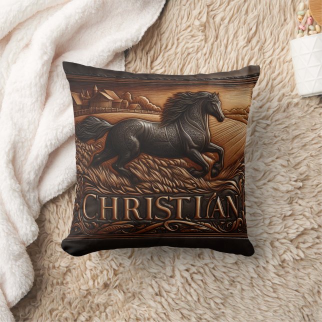 Engraved Horse Running Across Wheat Field Cushion (Blanket)