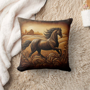 Engraved Horse Running Across Wheat Field Cushion