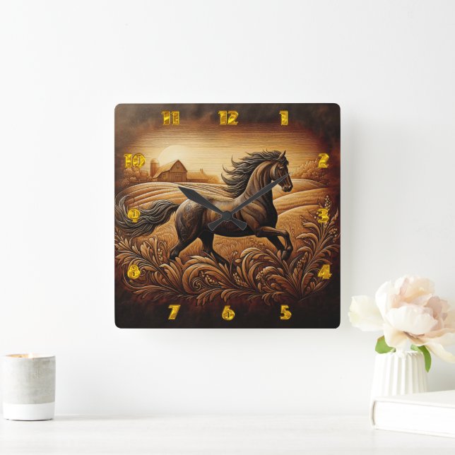 Engraved Horse Running Across Wheat Field Square Wall Clock (Home)
