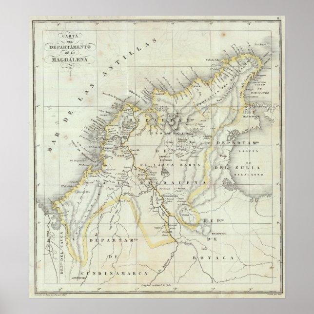 Engraved Map of Colombia Poster (Front)