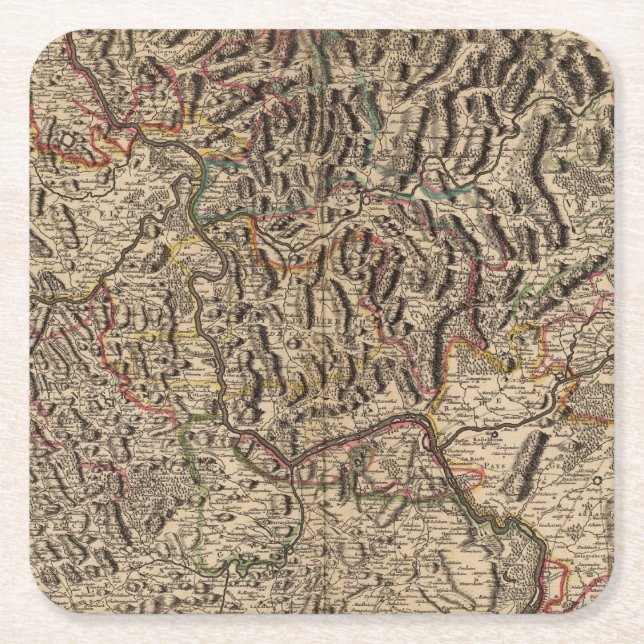Engraved map of Rhine River Valley Square Paper Coaster (Front)